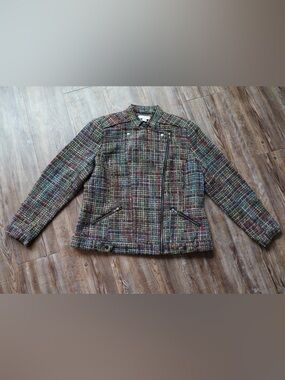 Womens Coldwater Creek Shaped Vintage Style Colorful Tweed Wool Blend Jacket 14